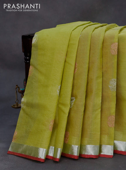 Pure zari kota silk saree light green and maroon with silver & copper zari woven buttas and silver zari woven border