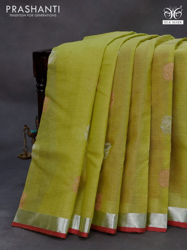 Pure zari kota silk saree light green and maroon with silver & copper zari woven buttas and silver zari woven border