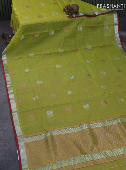 Pure zari kota silk saree light green and maroon with silver & copper zari woven buttas and silver zari woven border