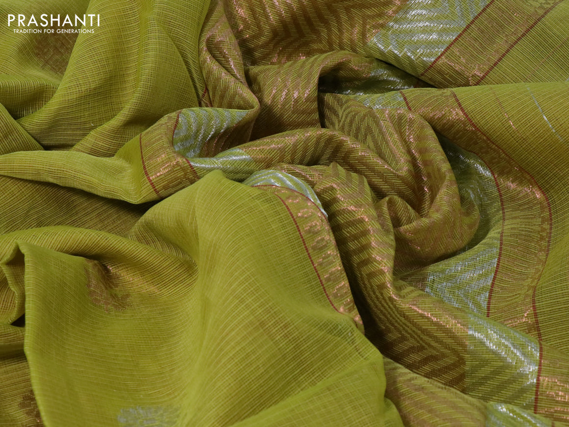 Pure zari kota silk saree light green and maroon with silver & copper zari woven buttas and silver zari woven border