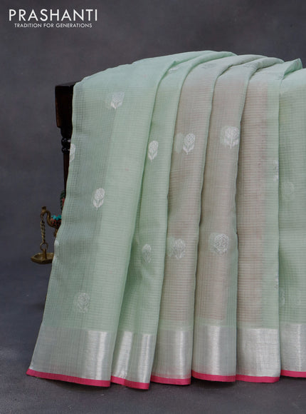 Pure zari kota silk saree pastel green and pink with floral silver zari woven buttas and silver zari woven border