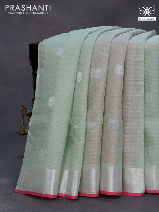 Pure zari kota silk saree pastel green and pink with floral silver zari woven buttas and silver zari woven border