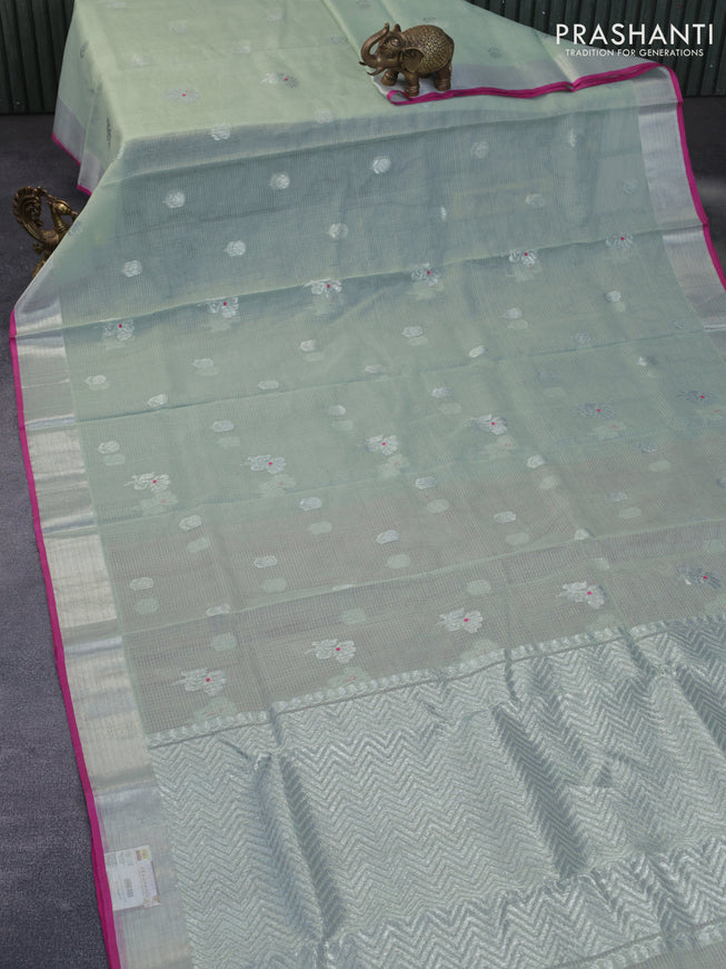 Pure zari kota silk saree pastel green and pink with floral silver zari woven buttas and silver zari woven border