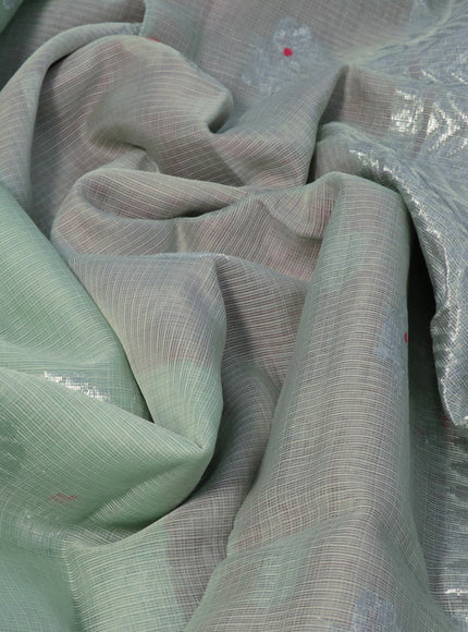 Pure zari kota silk saree pastel green and pink with floral silver zari woven buttas and silver zari woven border