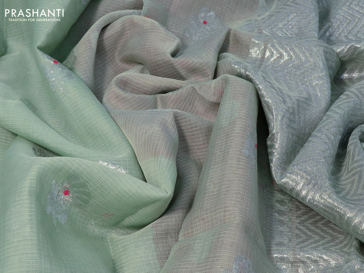 Pure zari kota silk saree pastel green and pink with floral silver zari woven buttas and silver zari woven border