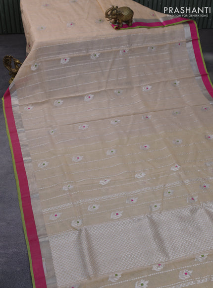 Pure zari kota silk saree beige and light green with allover silver zari weaves & buttas and silver zari woven simple border