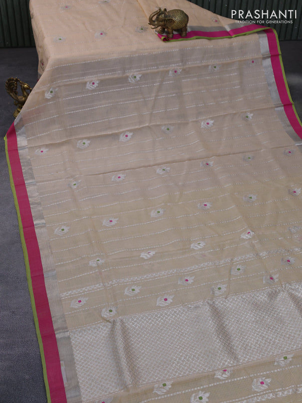 Pure zari kota silk saree beige and light green with allover silver zari weaves & buttas and silver zari woven simple border