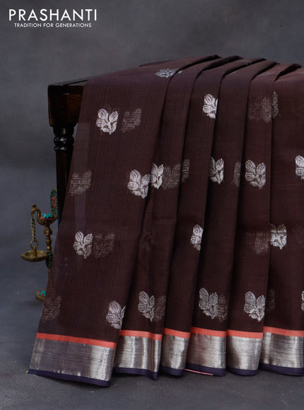 Pure zari kota silk saree coffee brown and dark navy blue with silver zari woven buttas and silver zari woven border