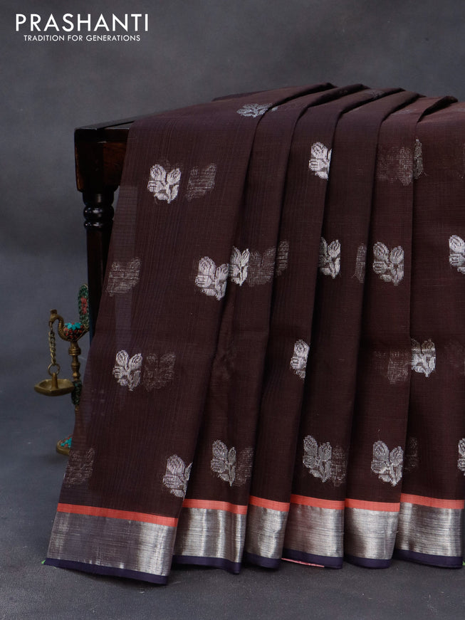 Pure zari kota silk saree coffee brown and dark navy blue with silver zari woven buttas and silver zari woven border