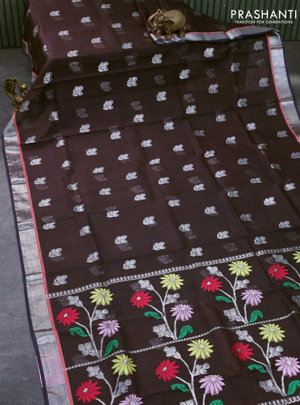 Pure zari kota silk saree coffee brown and dark navy blue with silver zari woven buttas and silver zari woven border