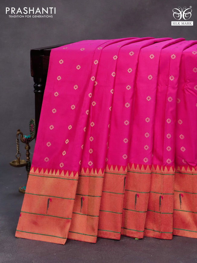 Pure paithani silk saree pink and red with allover zari woven floral buttas and zari woven muniya butta border