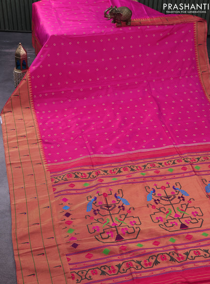 Pure paithani silk saree pink and red with allover zari woven floral buttas and zari woven muniya butta border