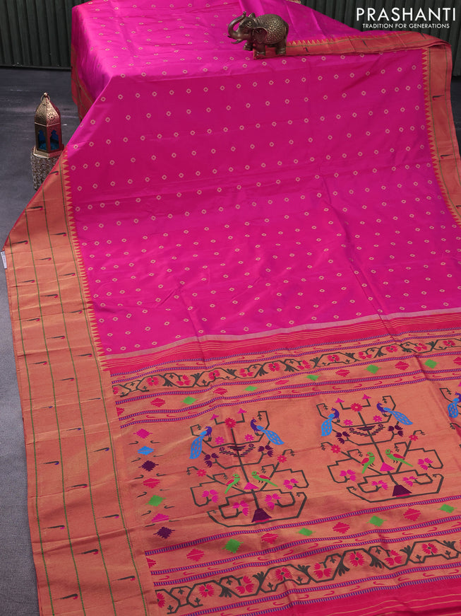 Pure paithani silk saree pink and red with allover zari woven floral buttas and zari woven muniya butta border