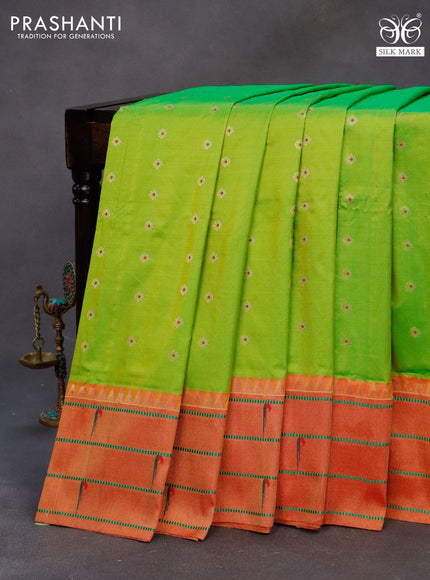 Pure paithani silk saree light green and red with allover zari woven floral buttas and zari woven muniya butta border