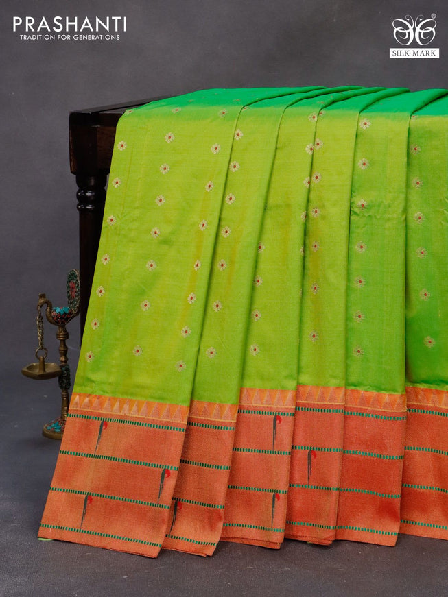 Pure paithani silk saree light green and red with allover zari woven floral buttas and zari woven muniya butta border