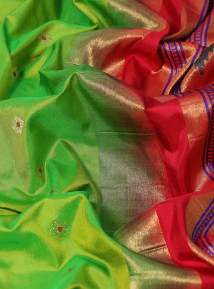 Pure paithani silk saree light green and red with allover zari woven floral buttas and zari woven muniya butta border