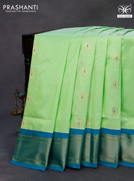 Pure paithani silk saree light pista green and red blue with thread & zari woven annam buttas and zari woven border & paithani design pallu