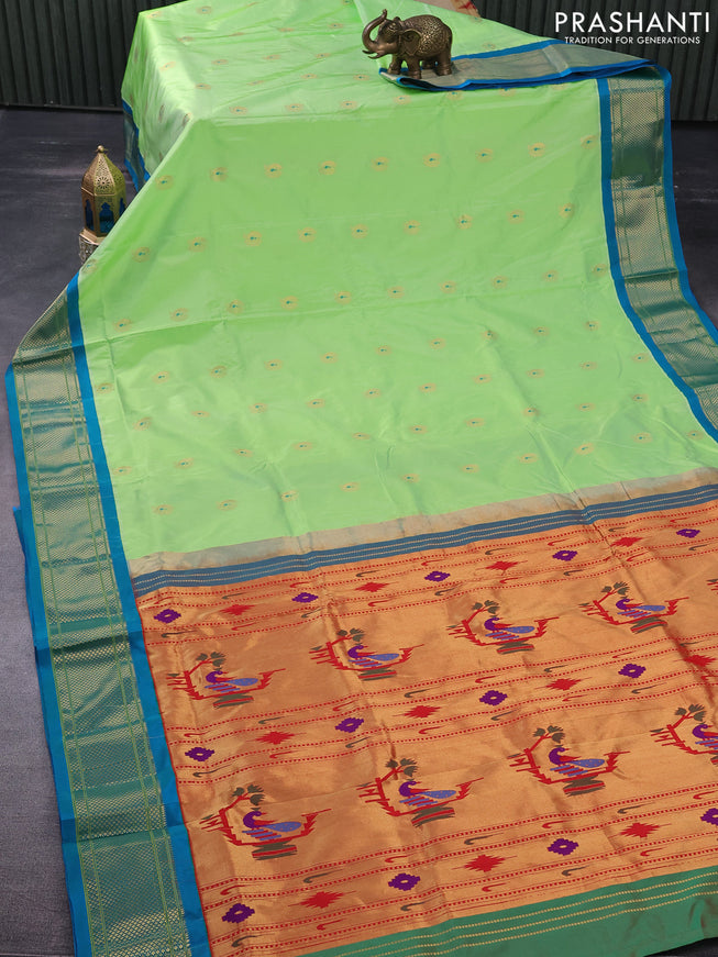 Pure paithani silk saree light pista green and red blue with thread & zari woven annam buttas and zari woven border & paithani design pallu