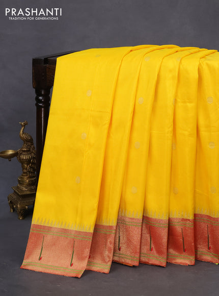 Pure paithani silk saree yellow and red with zari woven buttas and zari woven muniya border & paithani design pallu