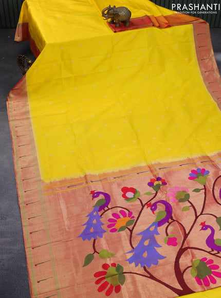 Pure paithani silk saree yellow and red with zari woven buttas and zari woven muniya border & paithani design pallu