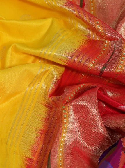 Pure paithani silk saree yellow and red with zari woven buttas and zari woven muniya border & paithani design pallu