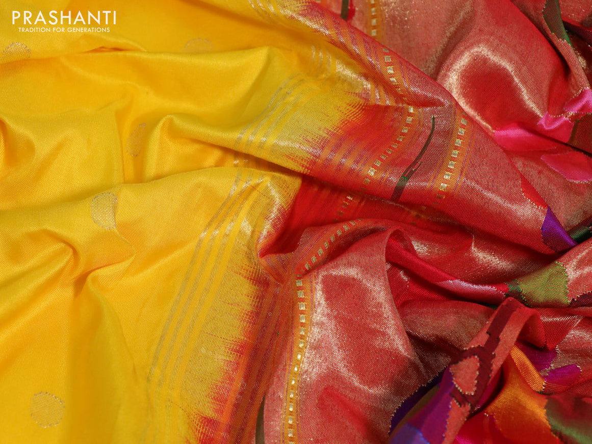 Pure paithani silk saree yellow and red with zari woven buttas and zari woven muniya border & paithani design pallu