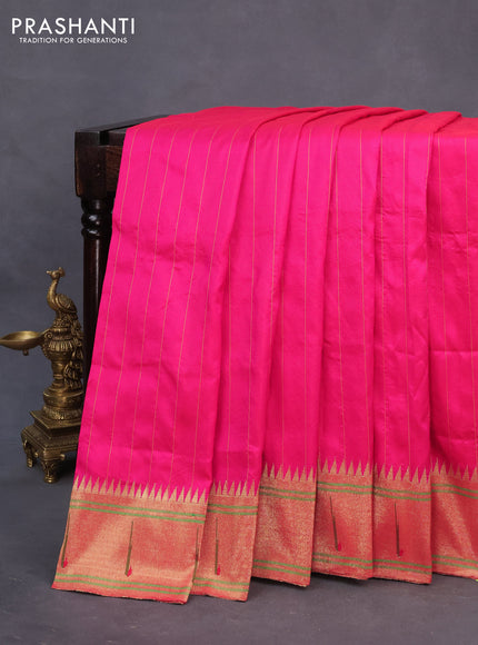 Pure paithani silk saree pink with allover zari stripe pattern and zari woven muniya border & paithani design pallu