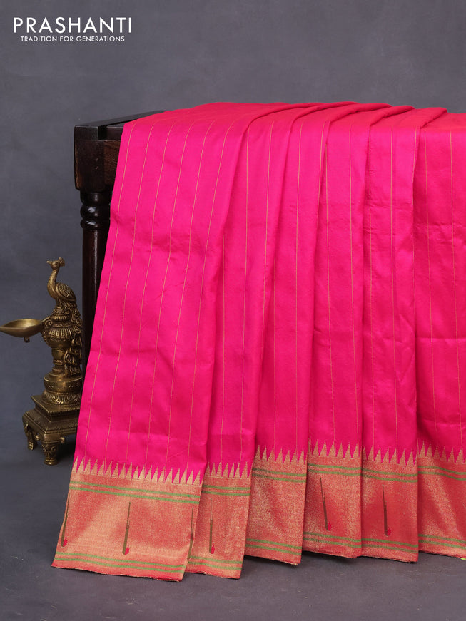 Pure paithani silk saree pink with allover zari stripe pattern and zari woven muniya border & paithani design pallu