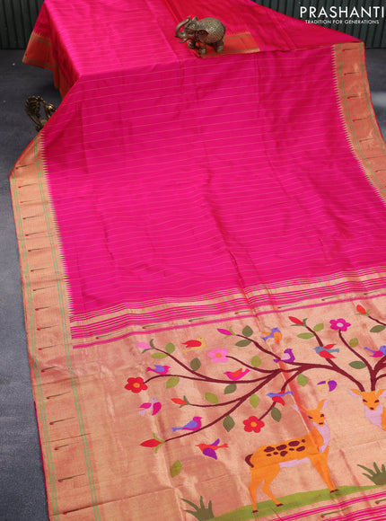 Pure paithani silk saree pink with allover zari stripe pattern and zari woven muniya border & paithani design pallu