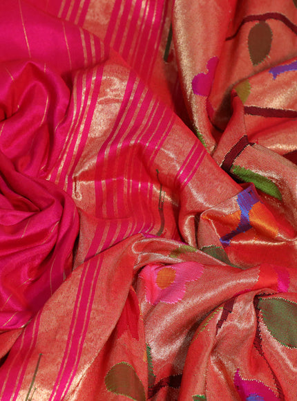 Pure paithani silk saree pink with allover zari stripe pattern and zari woven muniya border & paithani design pallu