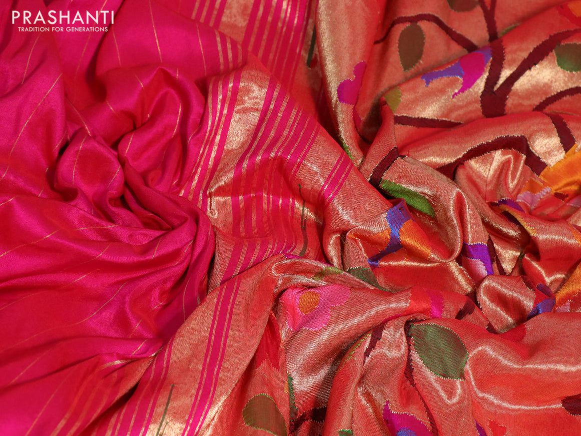 Pure paithani silk saree pink with allover zari stripe pattern and zari woven muniya border & paithani design pallu