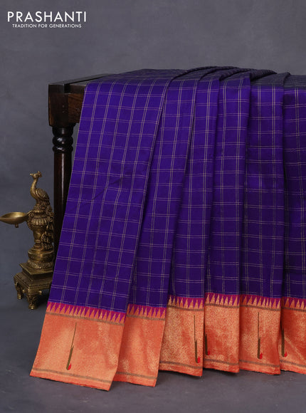 Pure paithani silk saree blue and purple with allover zari checked pattern and zari woven muniya border & paithani design pallu