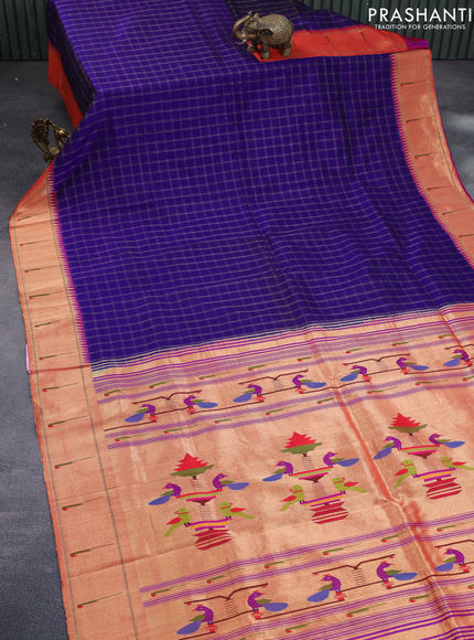 Pure paithani silk saree blue and purple with allover zari checked pattern and zari woven muniya border & paithani design pallu