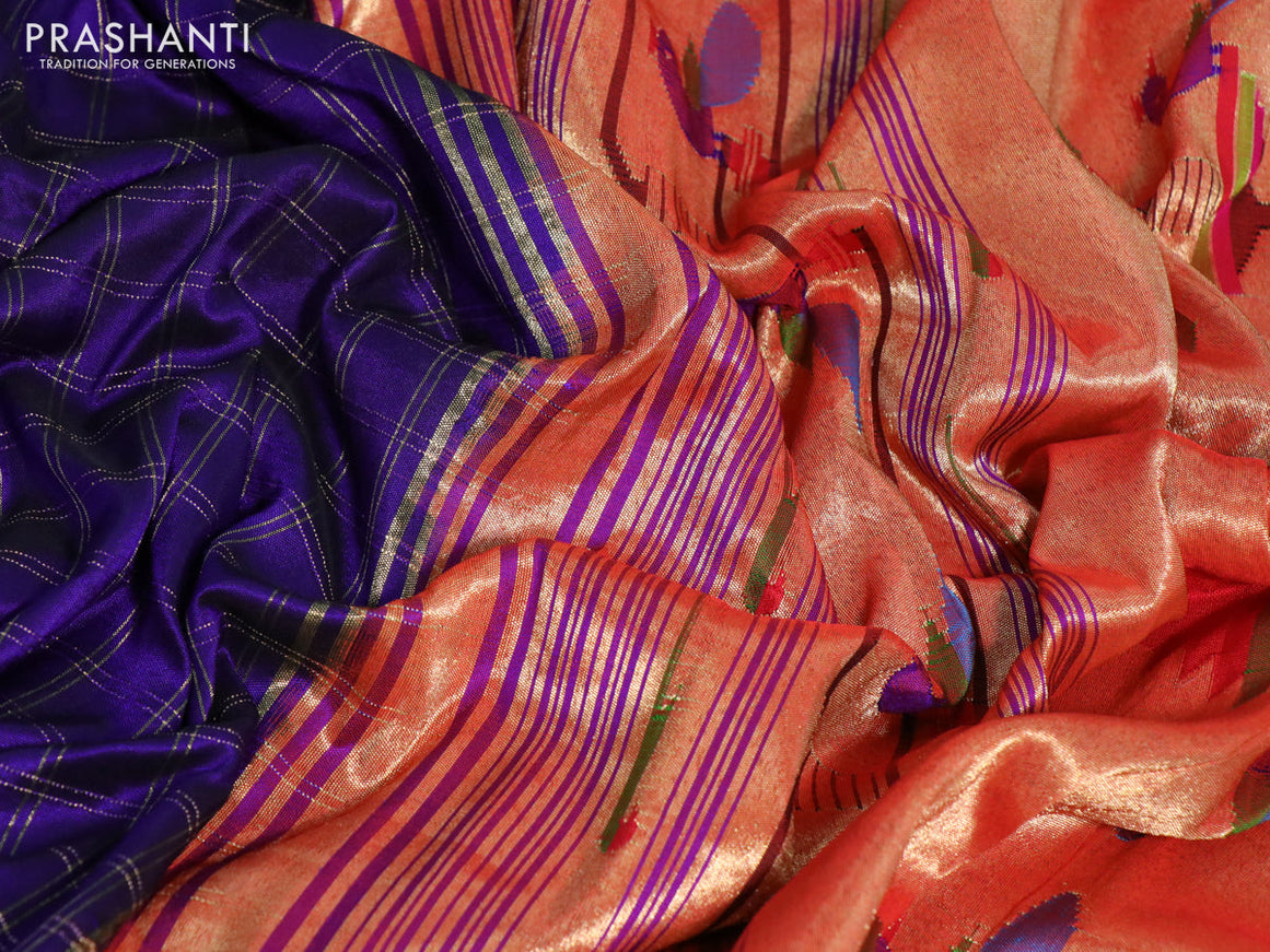 Pure paithani silk saree blue and purple with allover zari checked pattern and zari woven muniya border & paithani design pallu