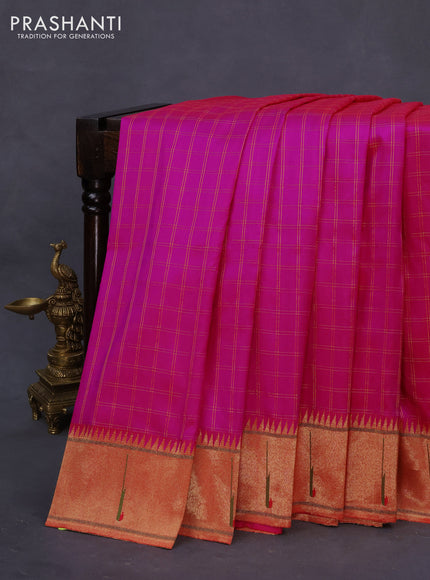 Pure paithani silk saree pink with allover zari checked pattern and zari woven muniya border & paithani design pallu