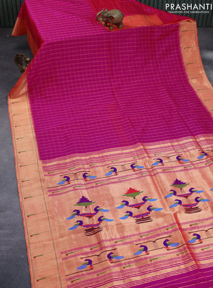 Pure paithani silk saree pink with allover zari checked pattern and zari woven muniya border & paithani design pallu