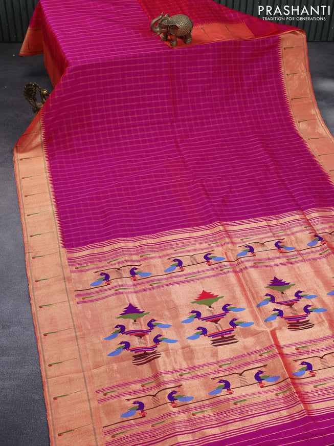 Pure paithani silk saree pink with allover zari checked pattern and zari woven muniya border & paithani design pallu