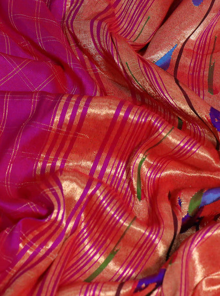 Pure paithani silk saree pink with allover zari checked pattern and zari woven muniya border & paithani design pallu