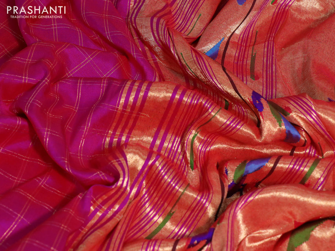 Pure paithani silk saree pink with allover zari checked pattern and zari woven muniya border & paithani design pallu