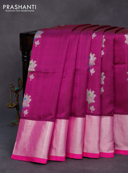 Venkatagiri silk saree dark magenta pink and pink with thread & silver zari woven buttas and long silver zari woven border