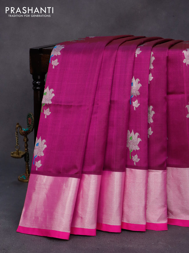 Venkatagiri silk saree dark magenta pink and pink with thread & silver zari woven buttas and long silver zari woven border