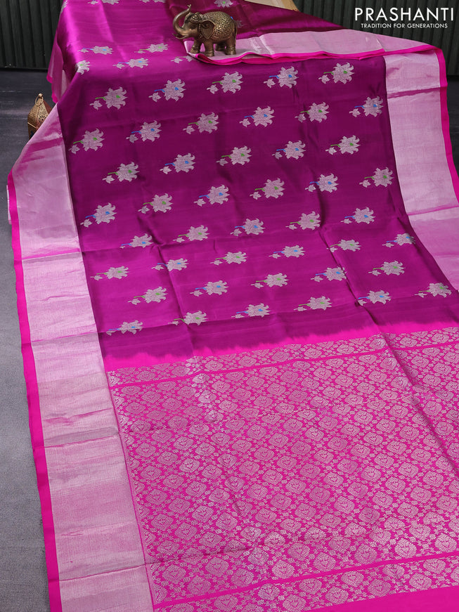 Venkatagiri silk saree dark magenta pink and pink with thread & silver zari woven buttas and long silver zari woven border