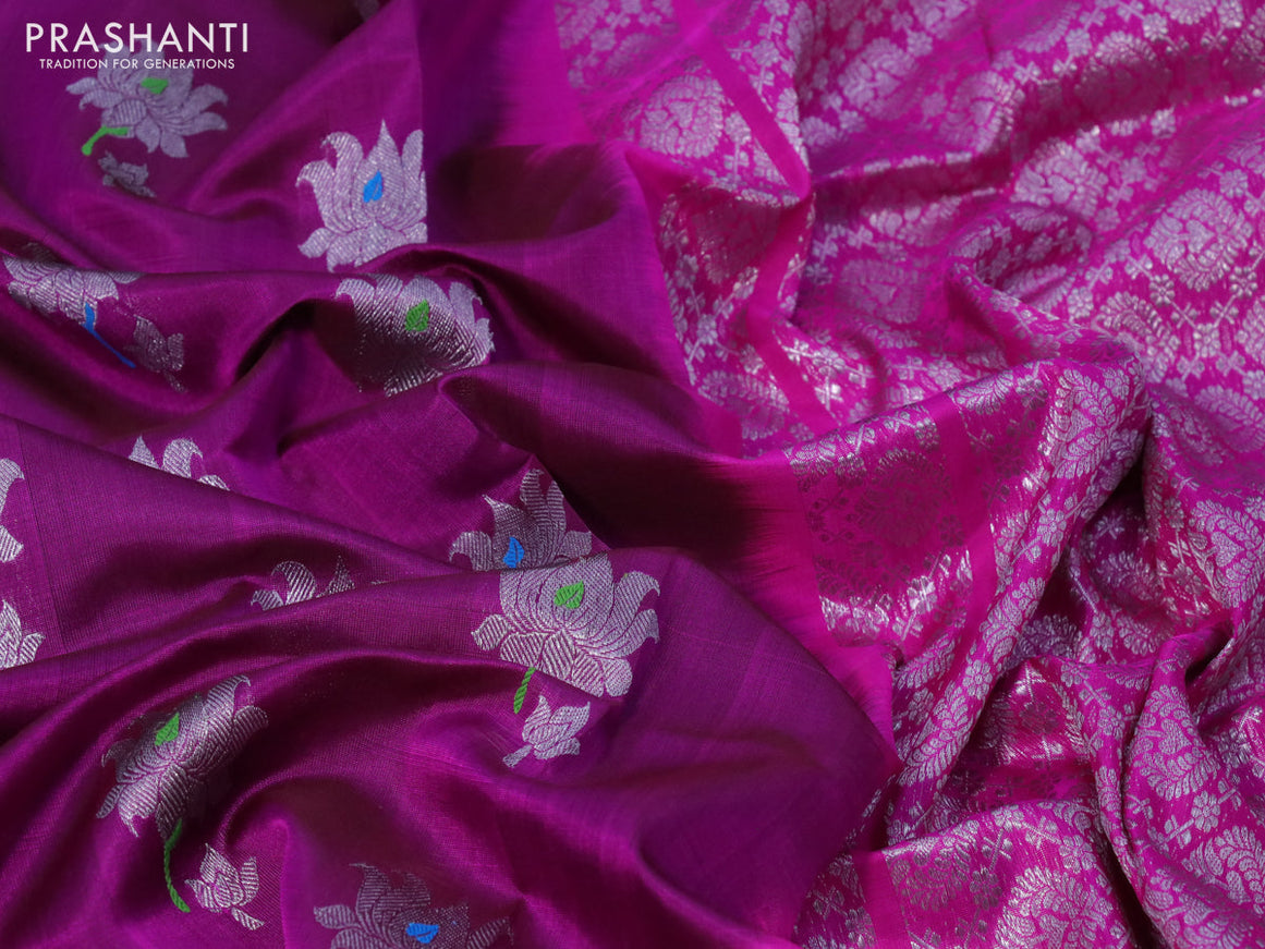 Venkatagiri silk saree dark magenta pink and pink with thread & silver zari woven buttas and long silver zari woven border