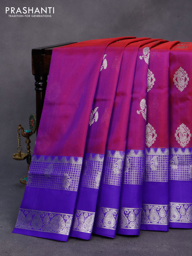 Venkatagiri silk saree dual shade of purple and royal blue with silver zari woven buttas and long silver zari rettapet woven border