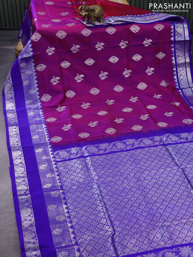 Venkatagiri silk saree dual shade of purple and royal blue with silver zari woven buttas and long silver zari rettapet woven border