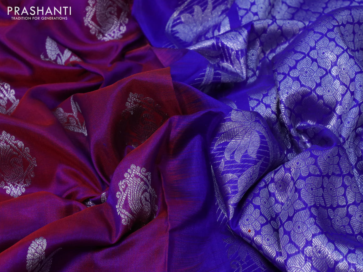 Venkatagiri silk saree dual shade of purple and royal blue with silver zari woven buttas and long silver zari rettapet woven border