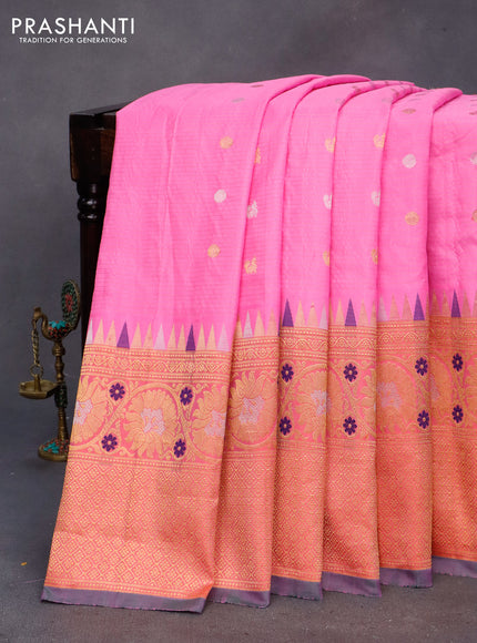 Gadwal silk saree pink and dual shade of pinkish orange with allover stripes & zari buttas and long temple design floral zari woven border