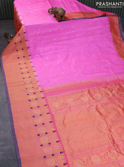 Gadwal silk saree pink and dual shade of pinkish orange with allover stripes & zari buttas and long temple design floral zari woven border