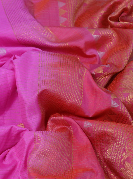 Gadwal silk saree pink and dual shade of pinkish orange with allover stripes & zari buttas and long temple design floral zari woven border