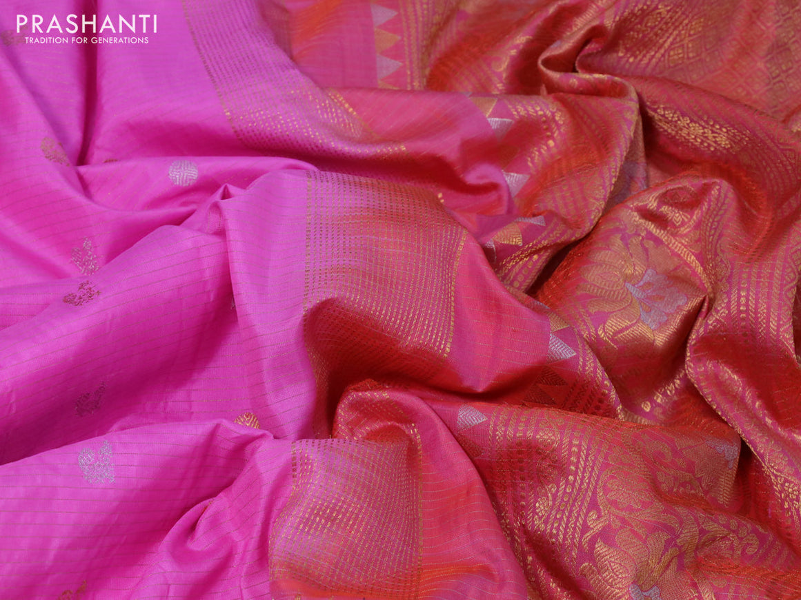 Gadwal silk saree pink and dual shade of pinkish orange with allover stripes & zari buttas and long temple design floral zari woven border